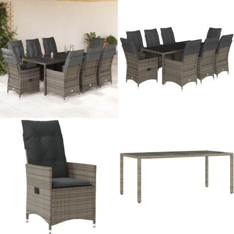 Set da Pranzo da Giardino 9 pz con Cuscini in Polyrattan Grigio - Sedie da giardino reclinabili - Tavolo da giardino