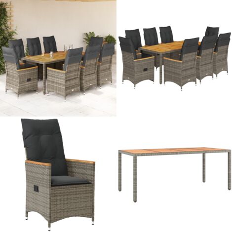 Set da Pranzo da Giardino 9 pz con Cuscini in Polyrattan Grigio - Sedie da giardino reclinabili - Tavolo da giardino