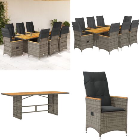 Set da Pranzo da Giardino 9 pz con Cuscini in Polyrattan Grigio - Sedie da giardino reclinabili - Tavolo da giardino