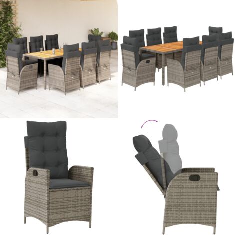 Set da Pranzo da Giardino 9 pz con Cuscini in Polyrattan Grigio - Sedie da giardino reclinabili - Tavolo da giardino