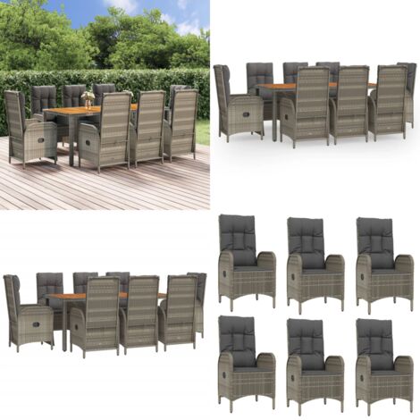 Set da Pranzo da Giardino 9 pz con Cuscini in Polyrattan Grigio - Sedie da giardino reclinabili - Tavolo da giardino