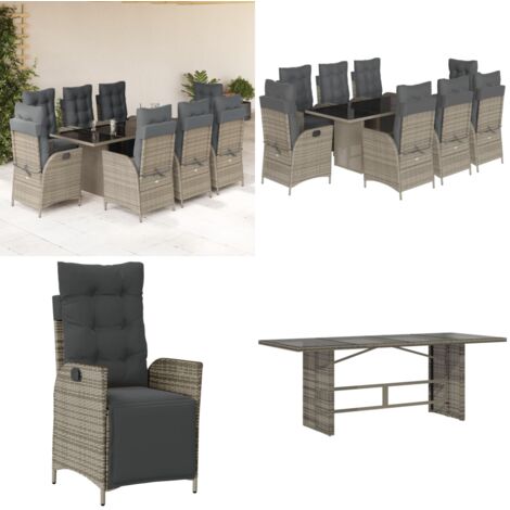 Set da Pranzo da Giardino 9 pz con Cuscini in Polyrattan Grigio - Sedie da giardino reclinabili - Tavolo da giardino
