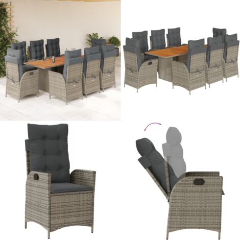 Set da Pranzo da Giardino 9 pz con Cuscini in Polyrattan Grigio - Sedie da giardino reclinabili - Tavolo da giardino