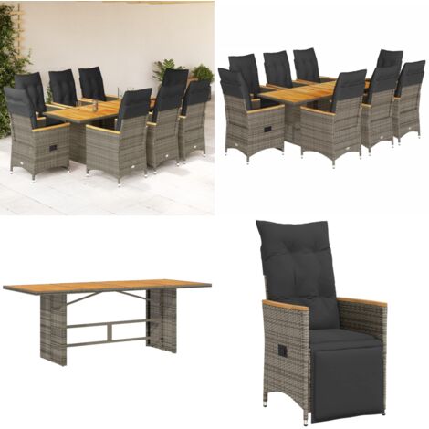 Set da Pranzo da Giardino 9 pz con Cuscini in Polyrattan Grigio - Sedie da giardino reclinabili - Tavolo da giardino
