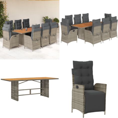 Set da Pranzo da Giardino 9 pz con Cuscini in Polyrattan Grigio - Sedie da giardino reclinabili - Tavolo da giardino