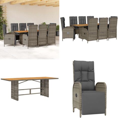 Set da Pranzo da Giardino 9 pz con Cuscini in Polyrattan Grigio - Sedie da giardino reclinabili - Tavolo da giardino