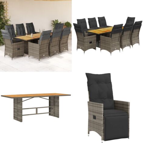 Set da Pranzo da Giardino 9 pz con Cuscini in Polyrattan Grigio - Sedie da giardino reclinabili - Tavolo da giardino