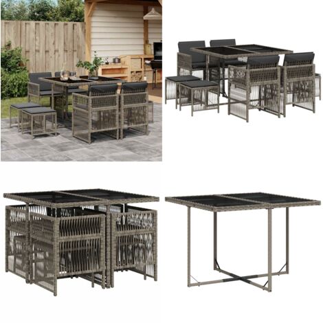 Set da Pranzo da Giardino 9 pz con Cuscini in Polyrattan Grigio - Sedie da giardino - Sgabelli da giardino
