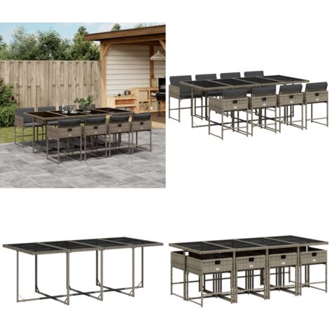 Set da Pranzo da Giardino 9 pz con Cuscini in Polyrattan Grigio - Sedie da giardino - Tavolo da giardino