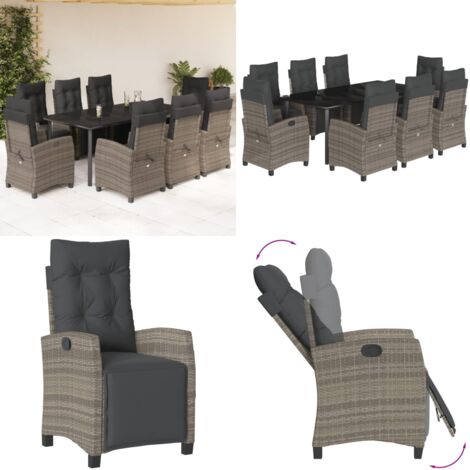 Set da Pranzo da Giardino 9 pz con Cuscini in Polyrattan Grigio - Sedie da giardino - Tavolo da giardino