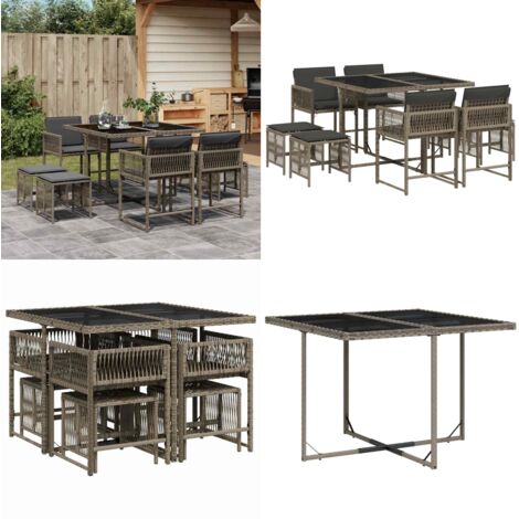 Set da Pranzo da Giardino 9 pz con Cuscini in Polyrattan Grigio - Sedie da giardino - Tavolo da giardino