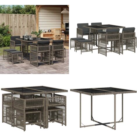 Set da Pranzo da Giardino 9 pz con Cuscini in Polyrattan Grigio - Sedie da giardino - Tavolo da giardino
