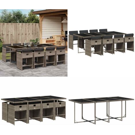 Set da Pranzo da Giardino 9 pz con Cuscini in Polyrattan Grigio - Sedie da giardino - Tavolo da giardino