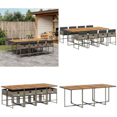 Set da Pranzo da Giardino 9 pz con Cuscini in Polyrattan Grigio - Sedie da giardino - Tavolo da giardino