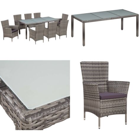 Set da Pranzo da Giardino 9 pz con Cuscini in Polyrattan Grigio - Tavolo da pranzo in vetro - Sedie da giardino