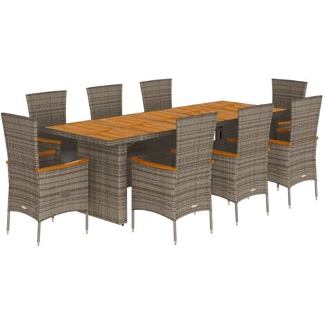 Set da Pranzo da Giardino 9 pz con Cuscini in Polyrattan Grigio vidaXL