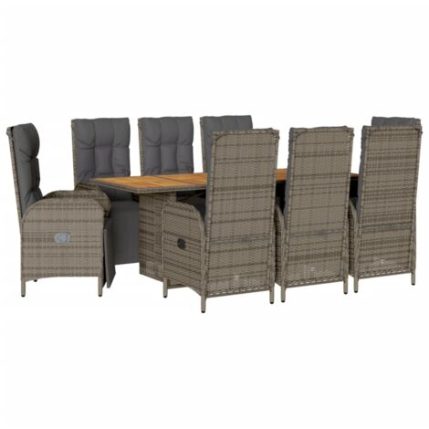 Set da Pranzo da Giardino 9 pz con Cuscini in Polyrattan Grigio vidaXL