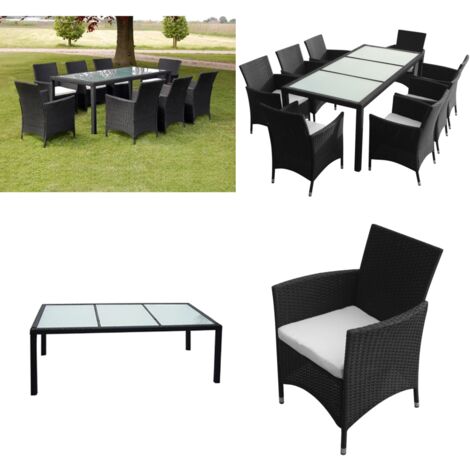 Set da Pranzo da Giardino 9 pz con Cuscini in Polyrattan Nero - Sedie in rattan - Tavolo in vetro