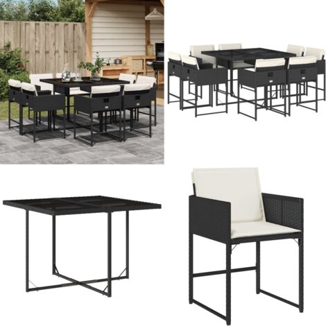 Set da Pranzo da Giardino 9 pz con Cuscini Nero in Polyrattan - Sedie da giardino - Cuscini da giardino