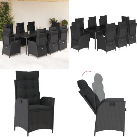 Set da Pranzo da Giardino 9 pz con Cuscini Nero in Polyrattan - Sedie da giardino reclinabili - Tavolo da giardino