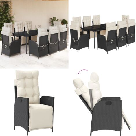 Set da Pranzo da Giardino 9 pz con Cuscini Nero in Polyrattan - Sedie da giardino reclinabili - Tavolo da giardino