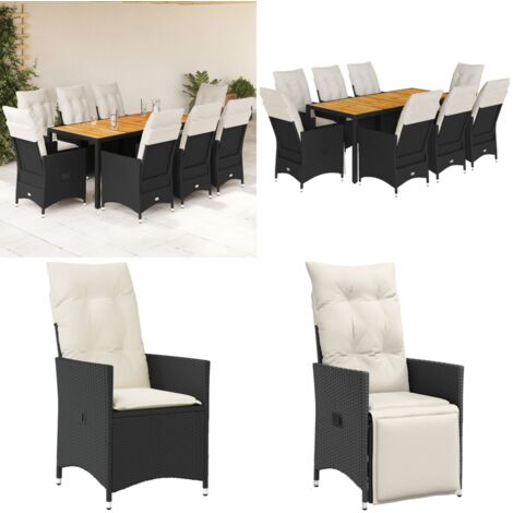 Set da Pranzo da Giardino 9 pz con Cuscini Nero in Polyrattan - Sedie da giardino reclinabili - Tavolo da giardino