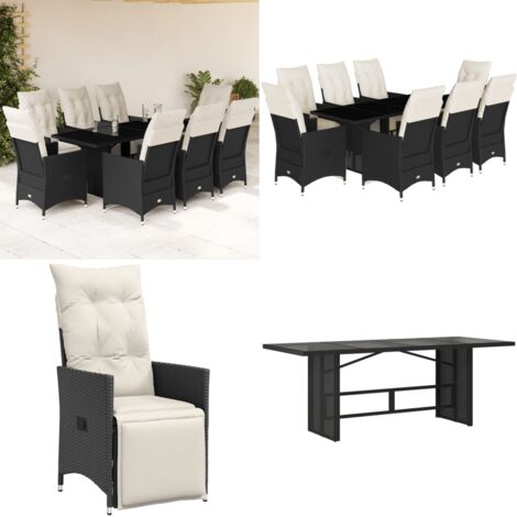 Set da Pranzo da Giardino 9 pz con Cuscini Nero in Polyrattan - Sedie da giardino reclinabili - Tavolo da giardino