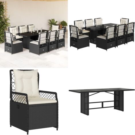 Set da Pranzo da Giardino 9 pz con Cuscini Nero in Polyrattan - Sedie da giardino reclinabili - Tavolo da giardino