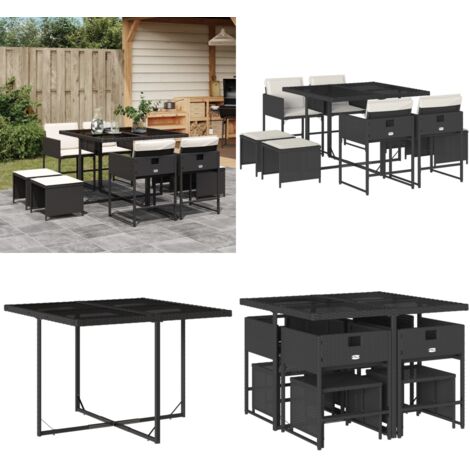 Set da Pranzo da Giardino 9 pz con Cuscini Nero in Polyrattan - Sedie da giardino - Sgabelli da giardino