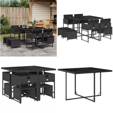 Set da Pranzo da Giardino 9 pz con Cuscini Nero in Polyrattan - Sedie da giardino - Sgabelli da giardino