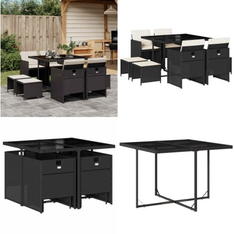 Set da Pranzo da Giardino 9 pz con Cuscini Nero in Polyrattan - Sedie da giardino - Tavolo da giardino