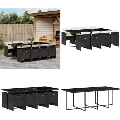 Set da Pranzo da Giardino 9 pz con Cuscini Nero in Polyrattan - Sedie da giardino - Tavolo da giardino