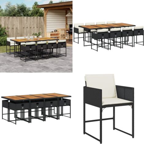 Set da Pranzo da Giardino 9 pz con Cuscini Nero in Polyrattan - Sedie da giardino - Tavolo da giardino