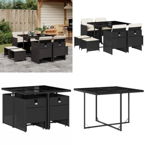 Set da Pranzo da Giardino 9 pz con Cuscini Nero in Polyrattan - Sedie da giardino - Tavolo da giardino