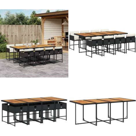 Set da Pranzo da Giardino 9 pz con Cuscini Nero in Polyrattan - Sedie da giardino - Tavolo da giardino