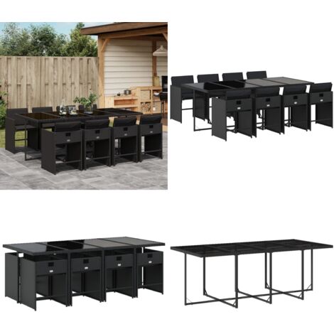 Set da Pranzo da Giardino 9 pz con Cuscini Nero in Polyrattan - Sedie da giardino - Tavolo da giardino