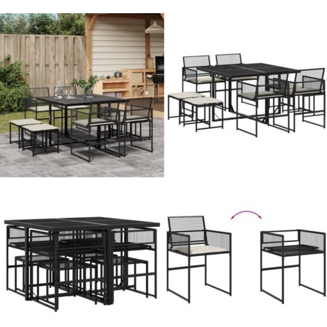 Set da Pranzo da Giardino 9 pz con Cuscini Nero in Polyrattan - Sedie da giardino - Tavolo da giardino