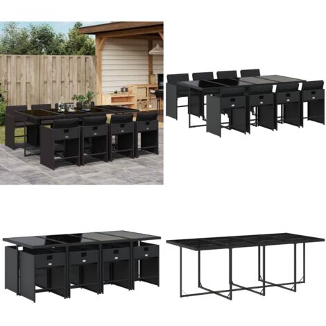 Set da Pranzo da Giardino 9 pz con Cuscini Nero in Polyrattan - Sedie da giardino - Tavolo da giardino