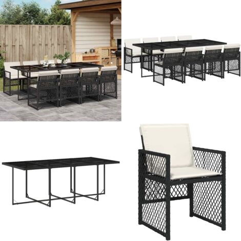 Set da Pranzo da Giardino 9 pz con Cuscini Nero in Polyrattan - Sedie da giardino - Tavolo da giardino