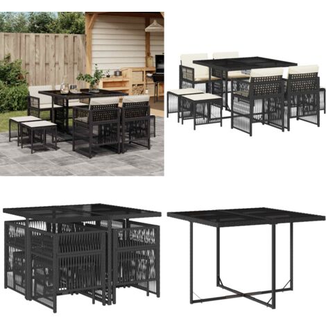 Set da Pranzo da Giardino 9 pz con Cuscini Nero in Polyrattan - Sedie da giardino - Tavolo da giardino
