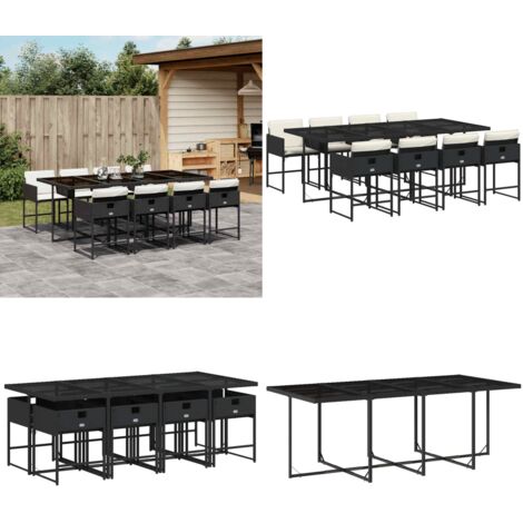 Set da Pranzo da Giardino 9 pz con Cuscini Nero in Polyrattan - Sedie da giardino - Tavolo da giardino
