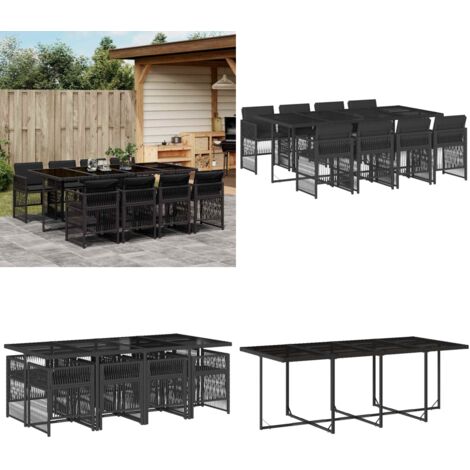 Set da Pranzo da Giardino 9 pz con Cuscini Nero in Polyrattan - Sedie da giardino - Tavolo da giardino
