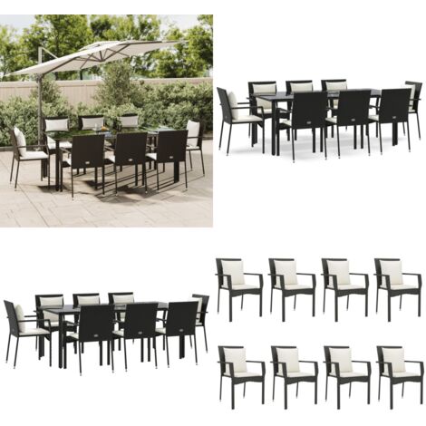 Set da Pranzo da Giardino 9 pz con Cuscini Nero in Polyrattan - Sedie da giardino - Tavolo da giardino
