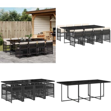 Set da Pranzo da Giardino 9 pz con Cuscini Nero in Polyrattan - Sedie da giardino - Tavolo da giardino
