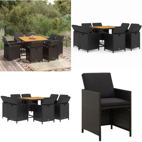 Set da Pranzo da Giardino 9 pz con Cuscini Nero in Polyrattan - Tavolo da giardino - Sedie da giardino