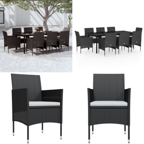 Set da Pranzo da Giardino 9 pz con Cuscini Nero - Tavolo da pranzo da esterno - Sedie da giardino