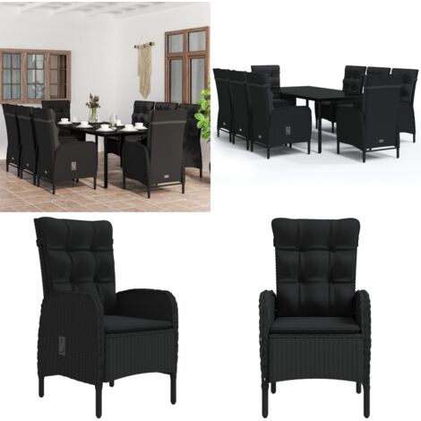 Set da Pranzo da Giardino 9 pz con Cuscini Nero - Tavolo da pranzo da esterno - Sedie da giardino