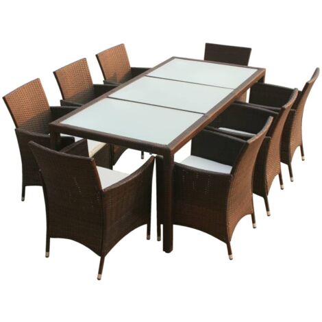 Set da Pranzo da Giardino 9 pz con Cuscini Polyrattan Marrone