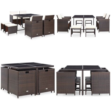 Set da Pranzo da Giardino 9 pz con Cuscini Polyrattan Marrone - Rattan - Cuscini