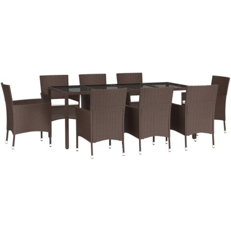 Set da Pranzo da Giardino 9pz con Cuscini Marrone in Polyrattan